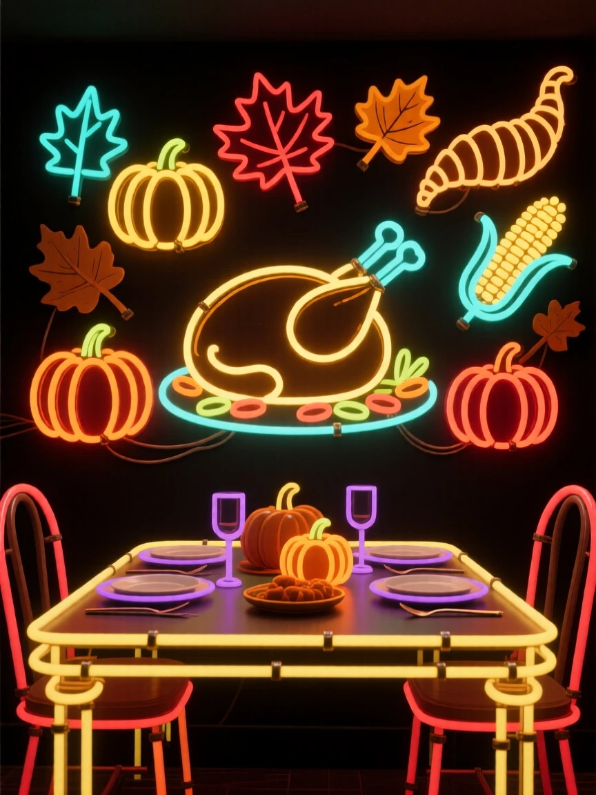 A Thanksgiving table set with a roasted turkey and autumn décor.