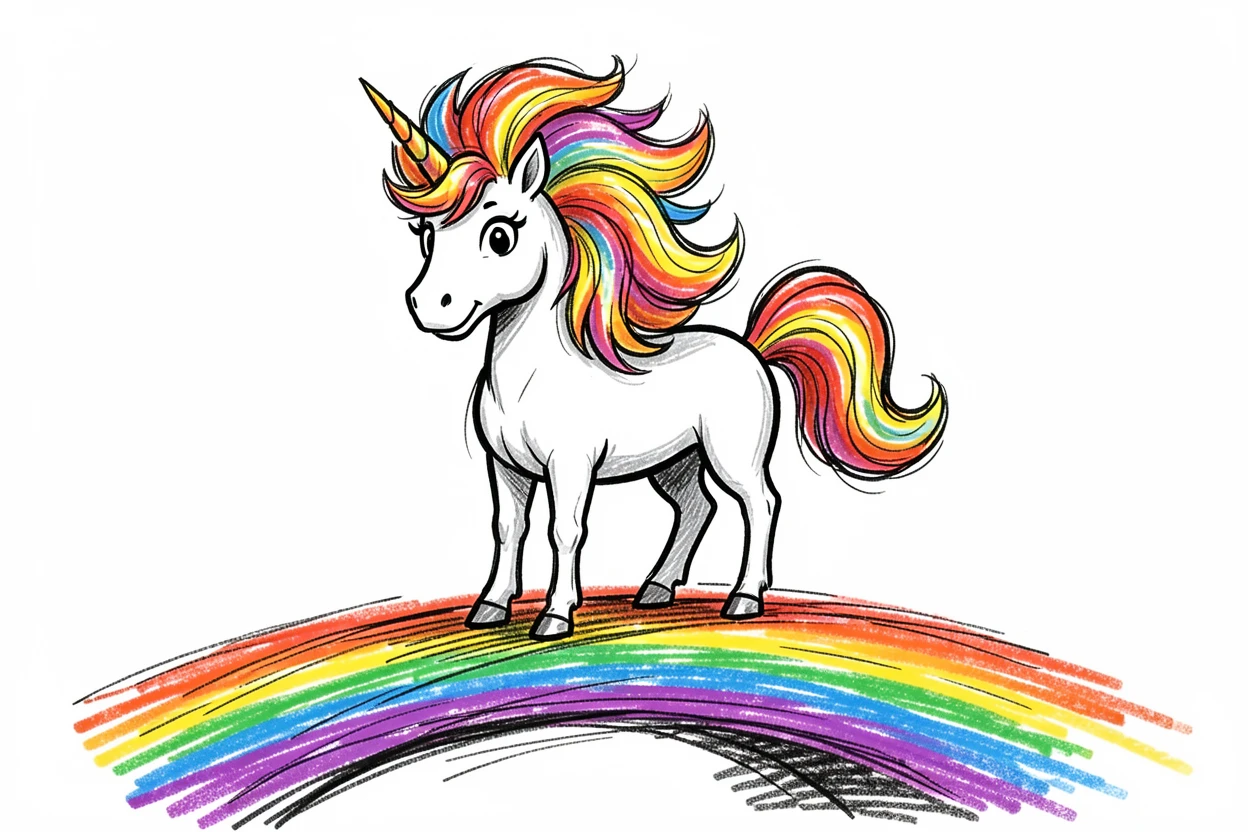 A unicorn with a flowing mane on a bridge made of rainbow light.