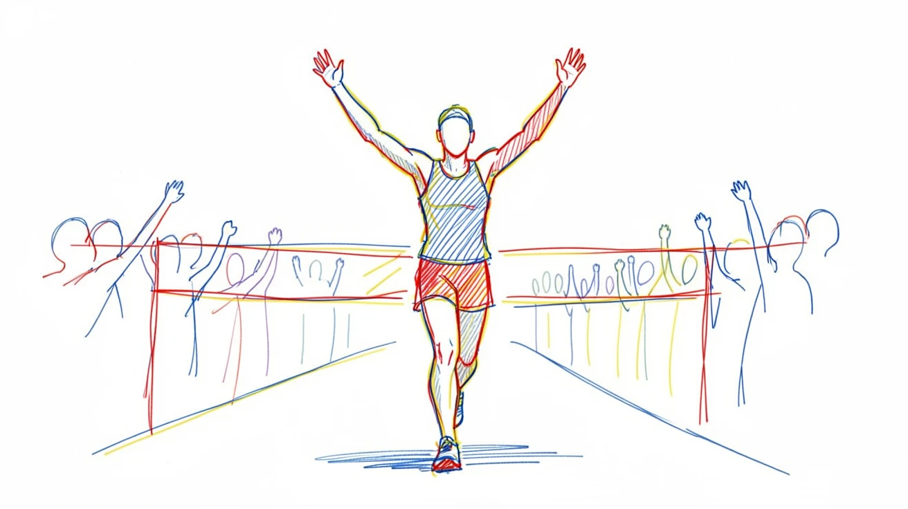 A runner crossing a finish line, arms raised, crowd cheering
