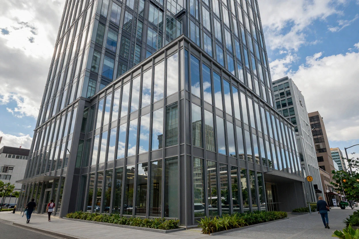 A modern glass office building reflecting clouds