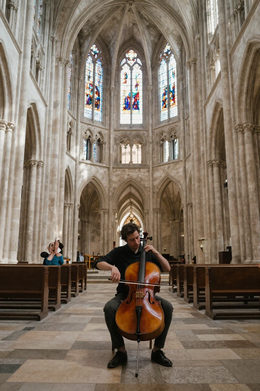 A cellist performs a solo piece in an echoing stone cathedral.