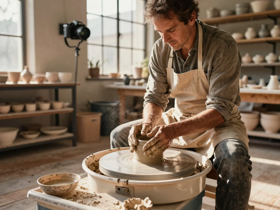 A potter shaping clay on a spinning wheel in a sunlit studio
