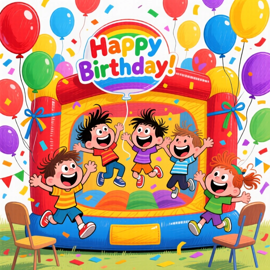 A birthday party with balloons everywhere, kids mid-jump in a bounce house.