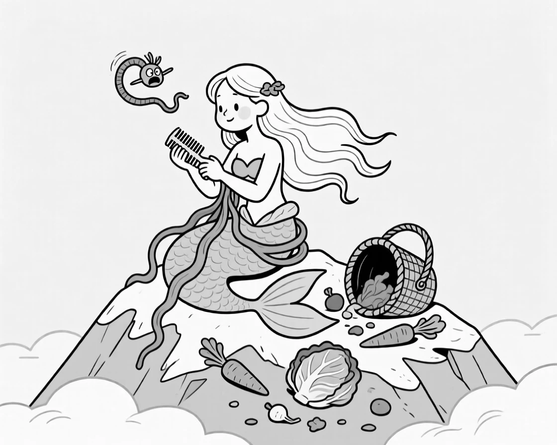 A mermaid tangled in seaweed while combing her hair, flying loops around its master's head in protest, set atop a cloud-wrapped mountain peak. A basket lies overturned, vegetables scattered everywhere. It's a whimsical moment that feels both magical and silly.