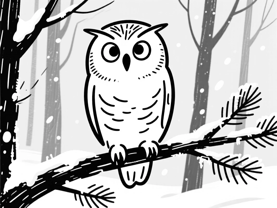 A snowy owl perched silently on a frosted pine branch in a winter forest.