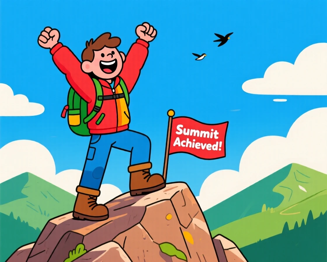 A hiker reaching the summit of a mountain with arms raised.