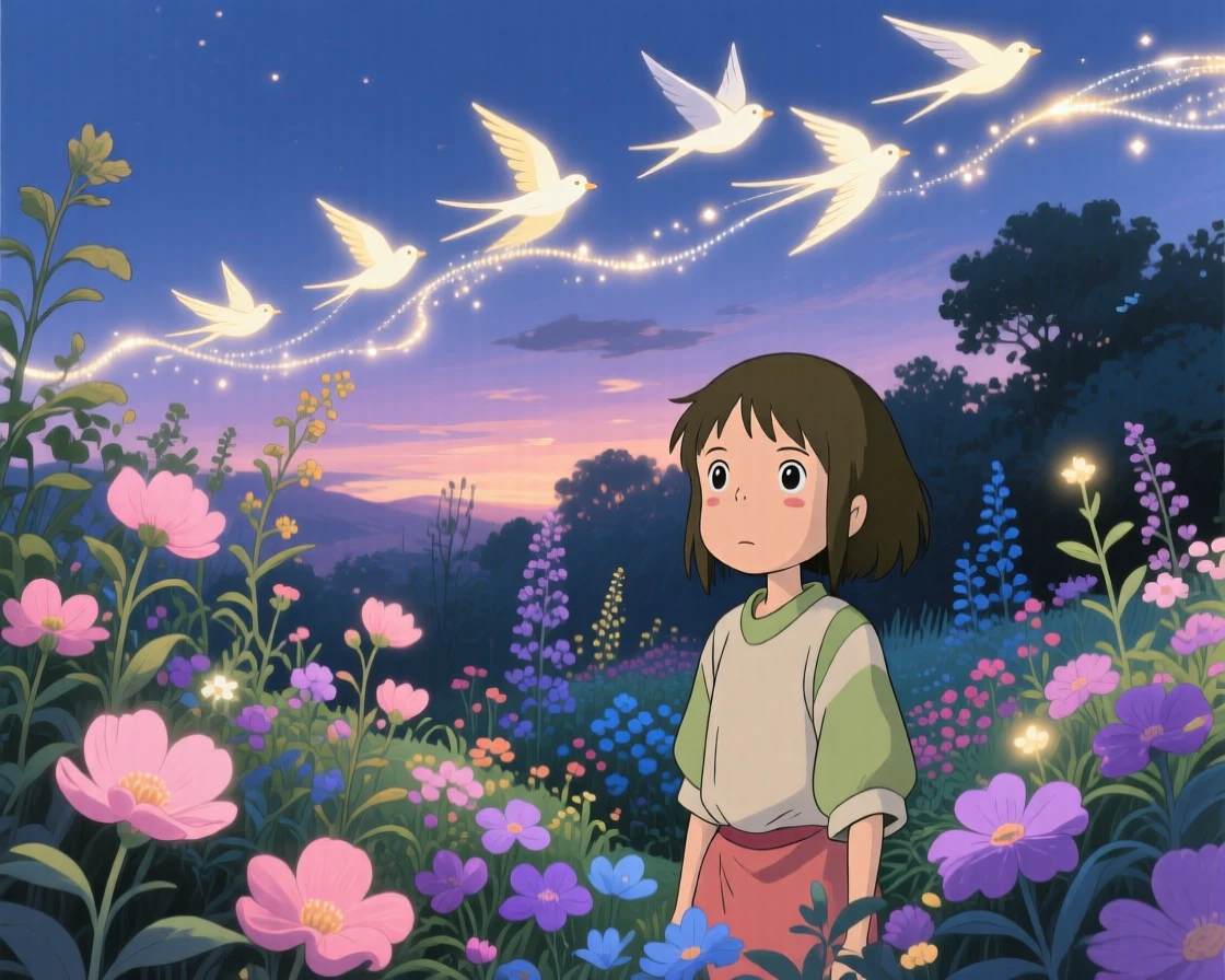 A garden where the flowers glow softly at twilight, where a flock of luminous birds trailing light behind them can be seen nearby, the atmosphere mysteriously beautiful.