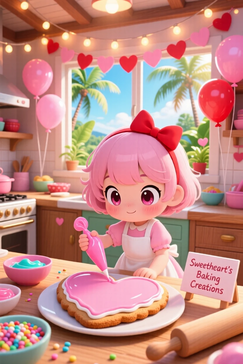 A little girl decorating a heart-shaped cookie in a cozy Valentine's Day kitchen on a warm tropical afternoon; warm fairy-light glow washes over the scene as proud determination fills the moment. Worm's-eye view.