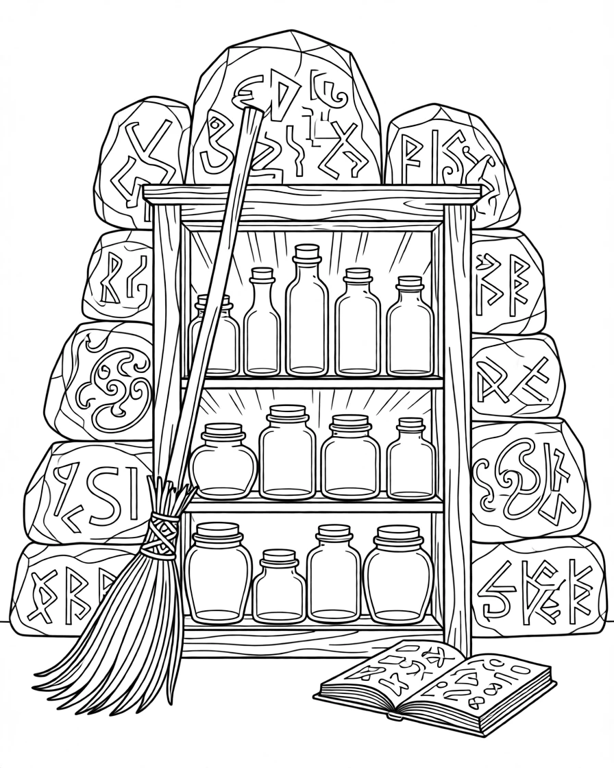 A broomstick leaning against a shelf of glass jars, with glowing runes etched into the surrounding stones.