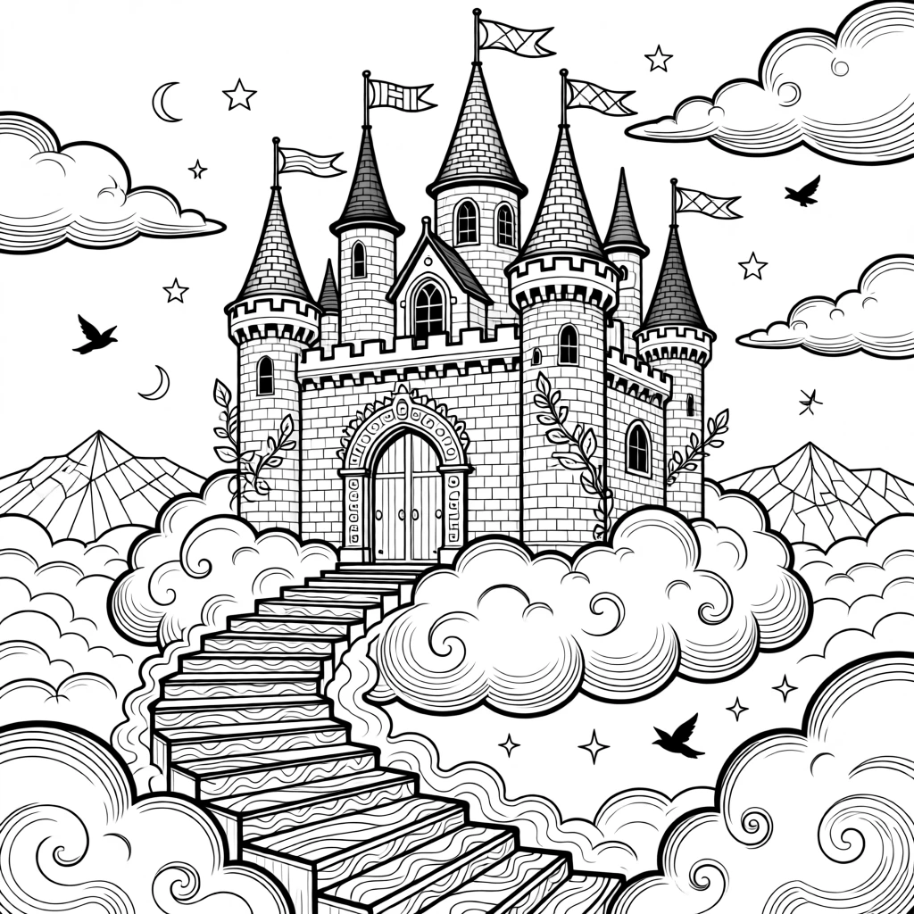 A castle in the clouds connected by a spiraling staircase of mist.