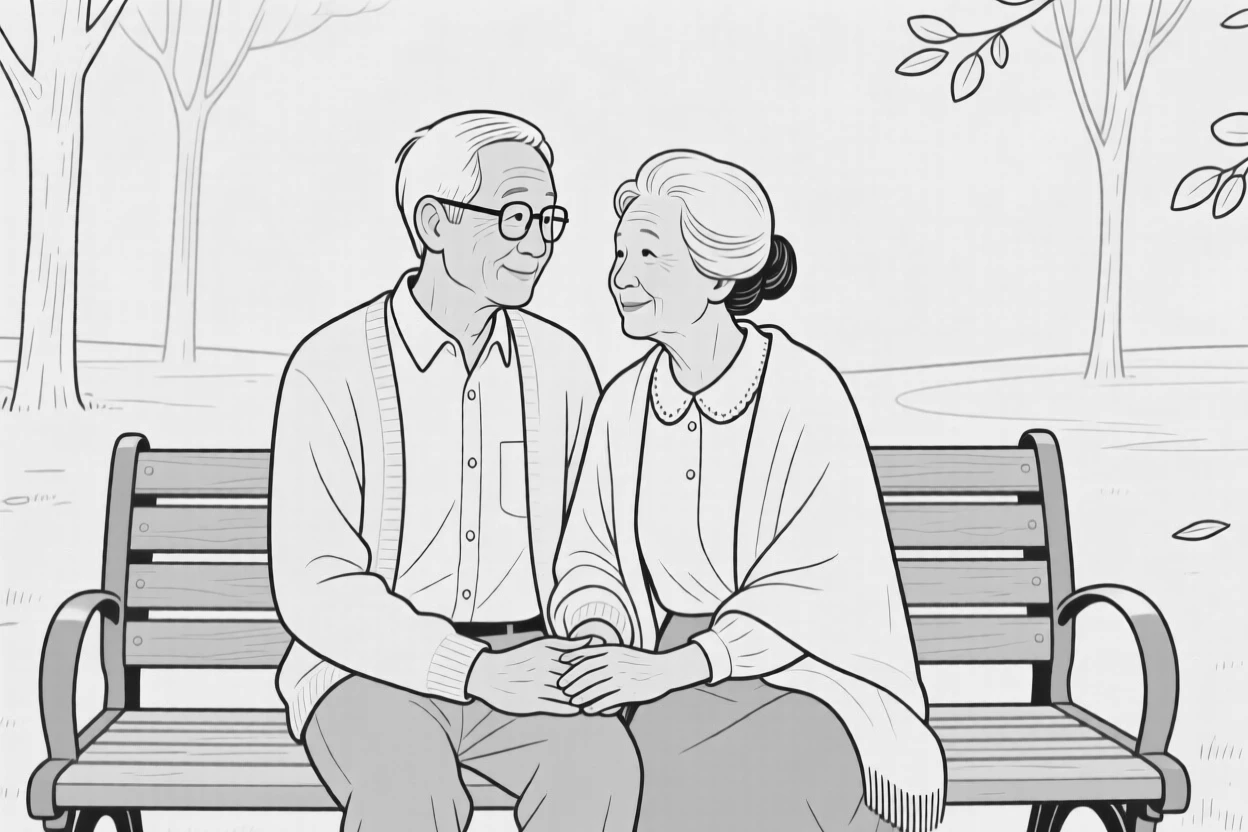 A portrait of an elderly couple holding hands on a park bench