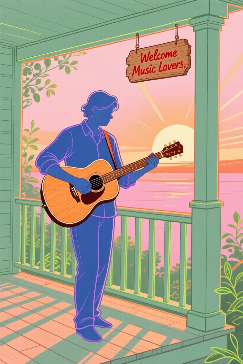 A musician playing acoustic guitar on a porch at sunset.