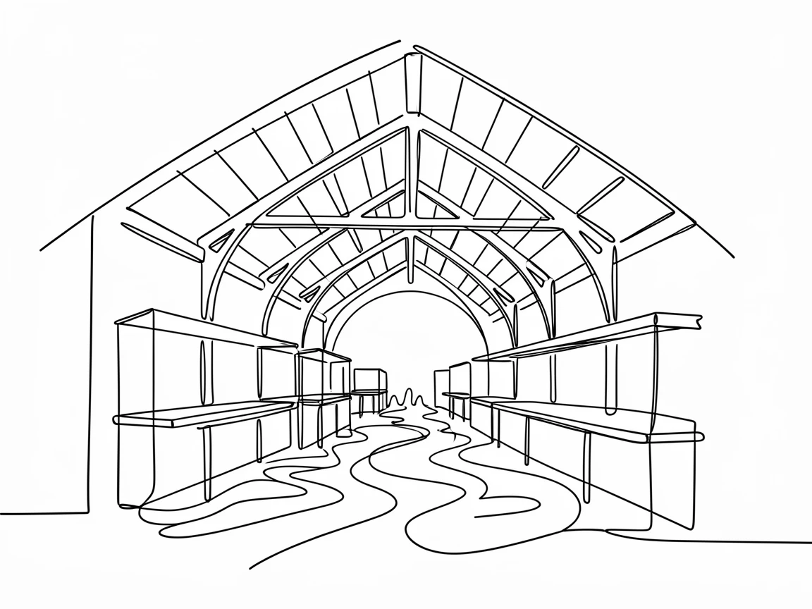 A rustic covered market hall with a high timber-beamed ceiling