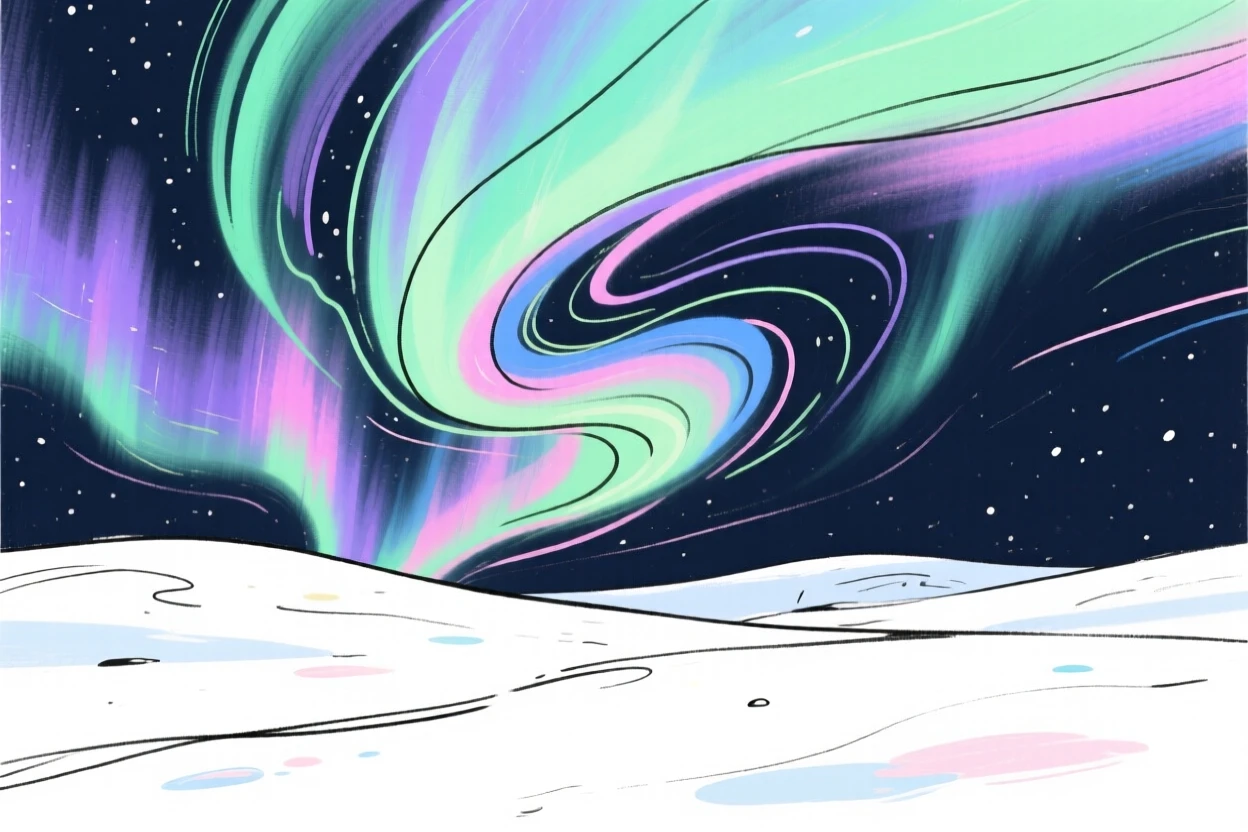 A colorful aurora dancing across the sky above a snowy landscape.