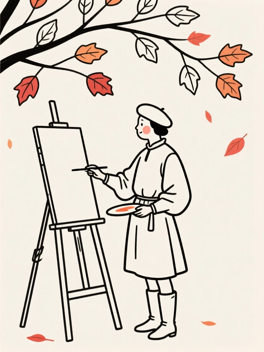 A renaissance-era painter at an easel, under a canopy of autumn leaves.
