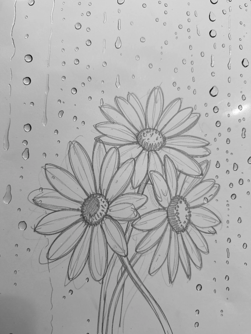 A cluster of daisies against a rain-speckled window, glowing softly in the late afternoon light.