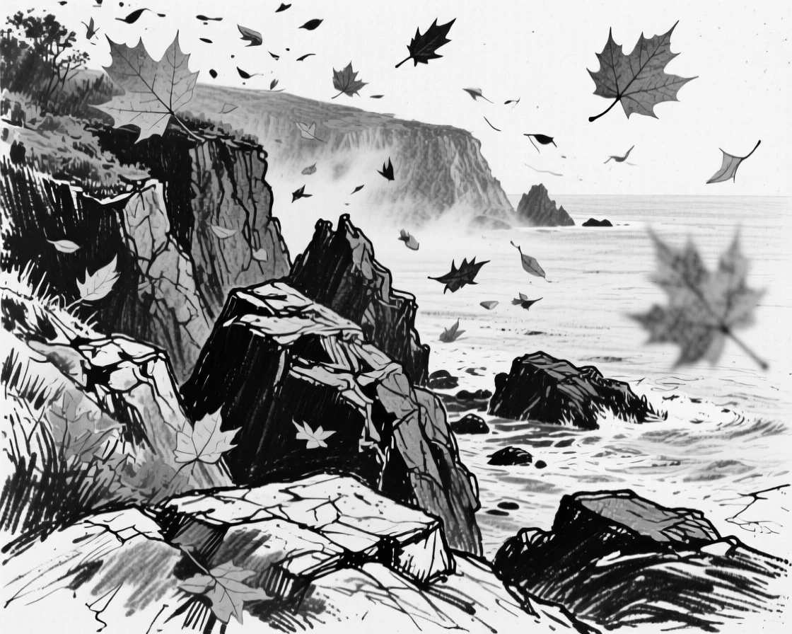 A rugged coastline as autumn leaves drift on a gentle breeze.