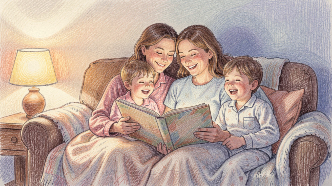 A family reading bedtime stories together under a soft lamp glow, full of genuine laughter and playful energy, evoking warm nostalgia and treasured family memories.