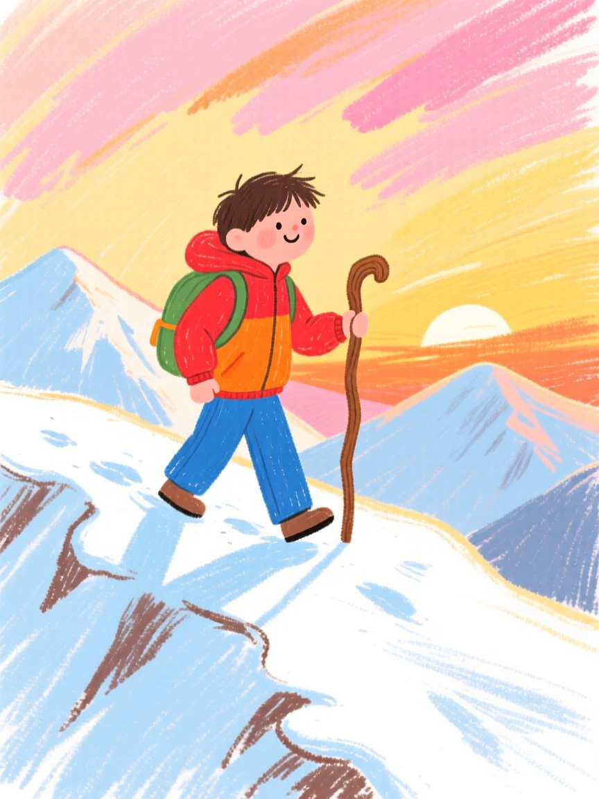 A hiker with a walking stick crossing a snowy alpine ridge at sunrise.