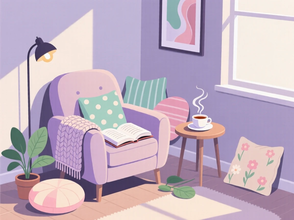 A cozy reading nook with a blanket, book, and soft cushions, arranged in a cozy corner filled with soft textures, composed with soft natural light falling diagonally across the scene, with gentle pastel tones evoking calm and comfort.