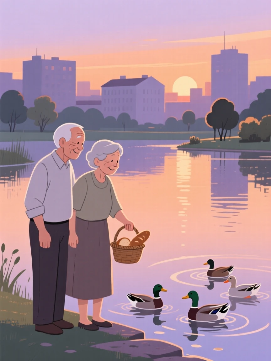 An elderly friends feeding ducks at a pond on a quiet summer evening in the city.