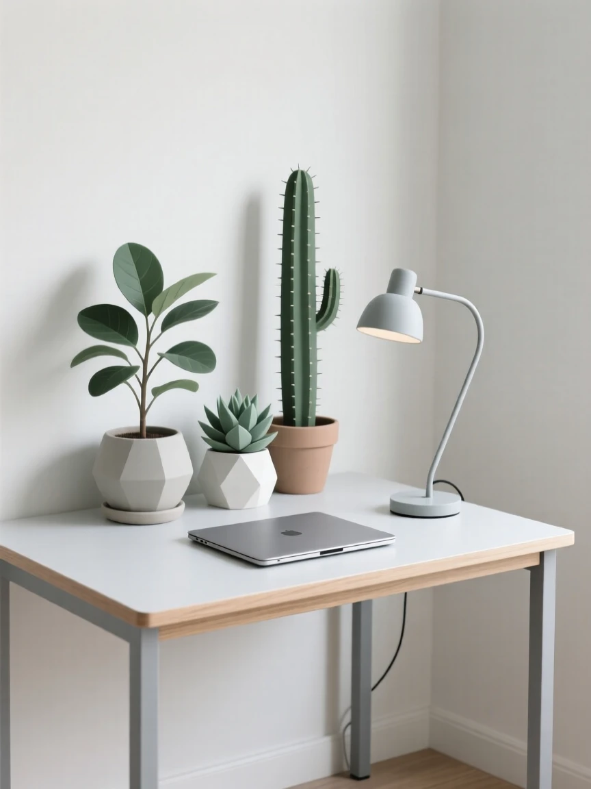 A tidy home office corner arranged near a small houseplant collection in a minimalist studio, expressing gentle routine.