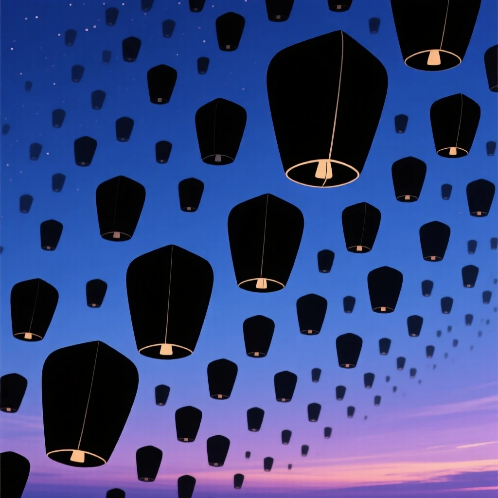 Hundreds of paper lanterns released together, drifting upward into a night sky.