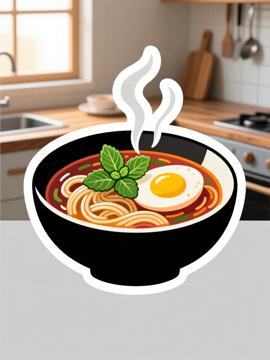 A fresh and juicy steaming bowl of ramen with an egg on top, garnished with a sprig of fresh mint, in a cozy kitchen during breakfast.