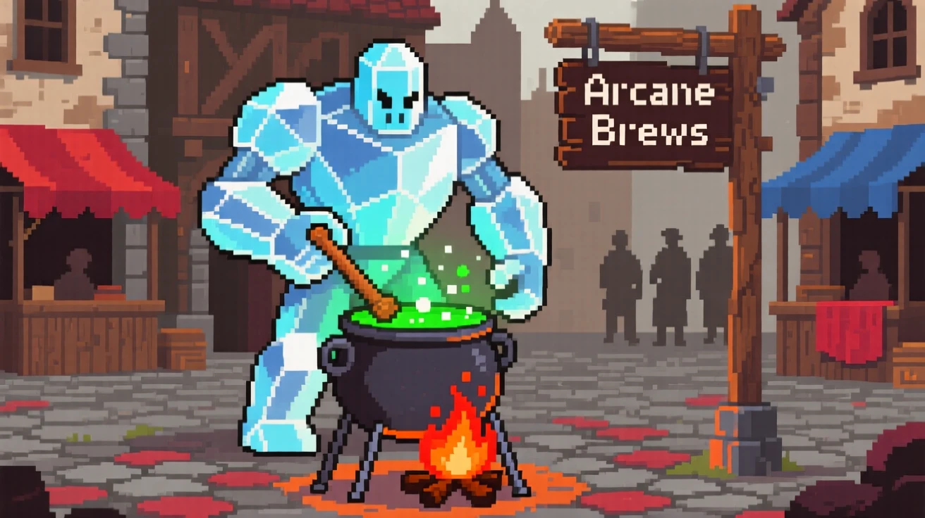 A crystal golem glowing from within brewing a glowing potion over a small fire, in a market square of a fantasy town.