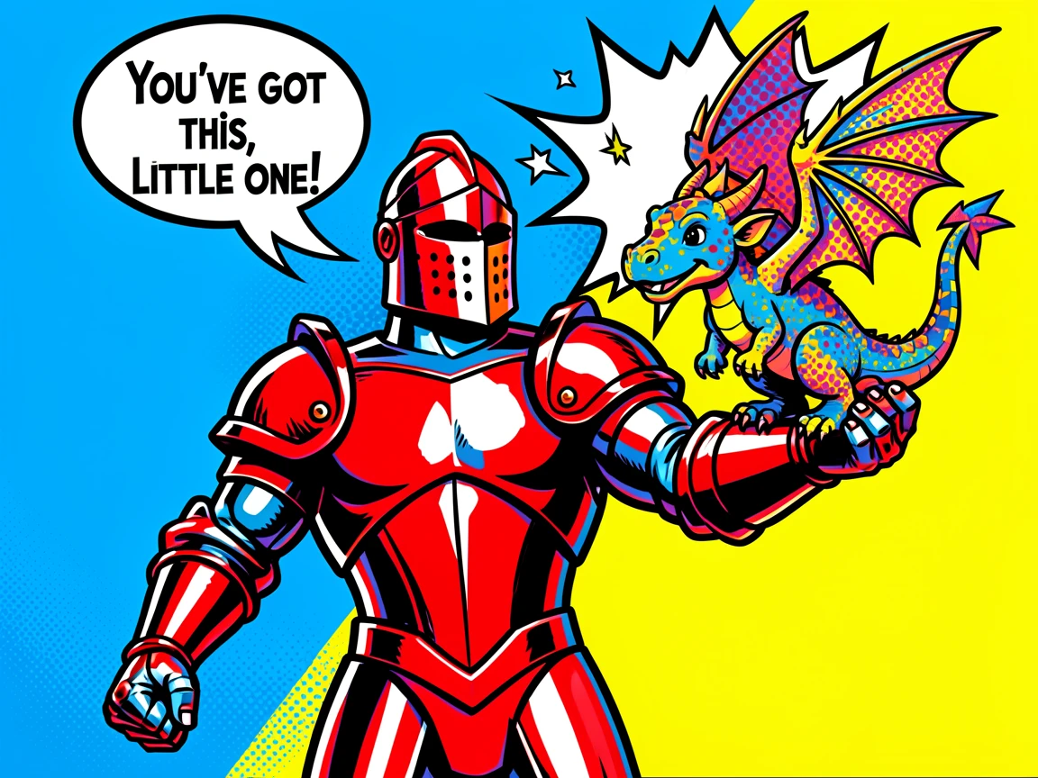 A brave knight helping a small dragon learn to fly
