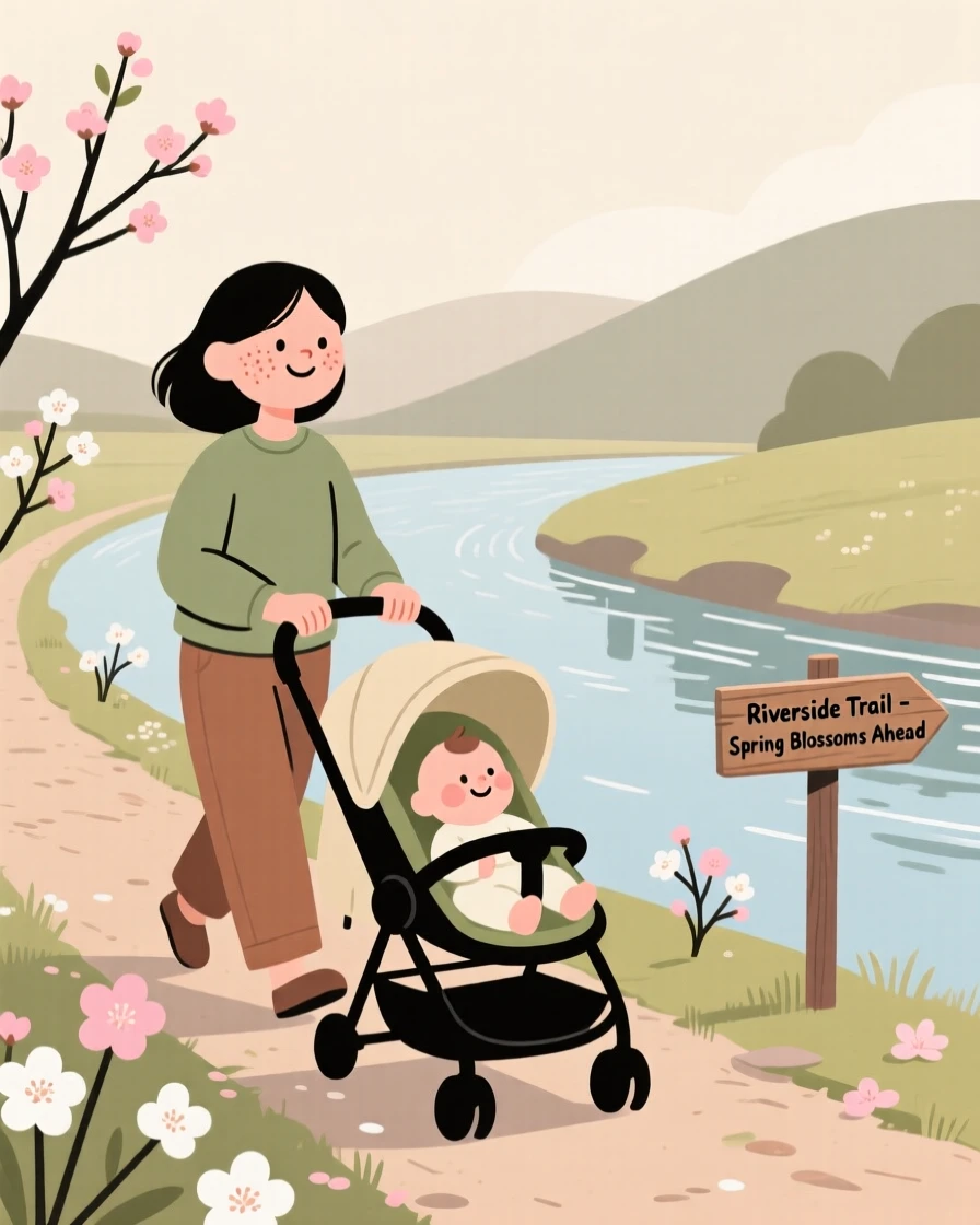 The first blossoms of spring open along a riverside trail as a young mother pushing a stroller walks slowly by, smiling at the warmth returning in the mild morning air.