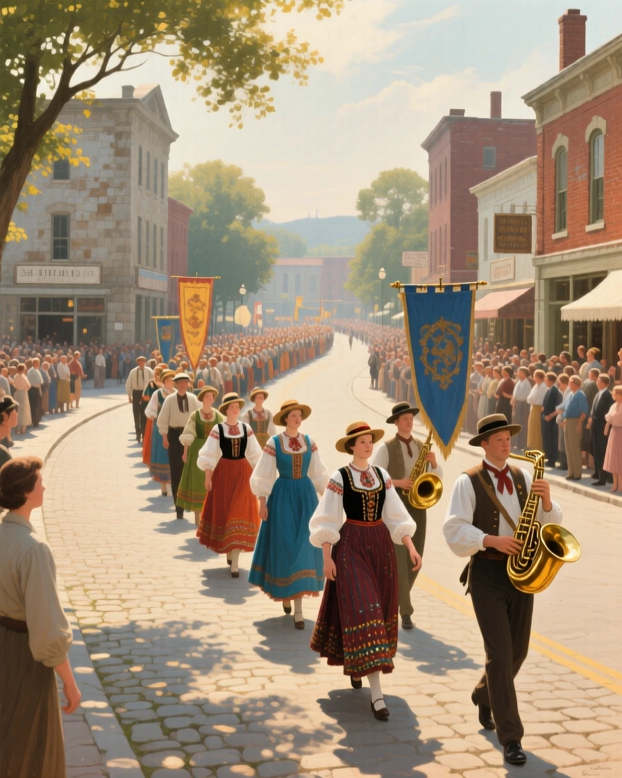 A wide establishing shot of a costumed parade winding through a historic town square, in the height of summer, in the 1950s.