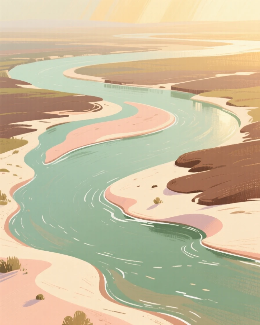 A wide river delta braided with sandbars and shallow channels