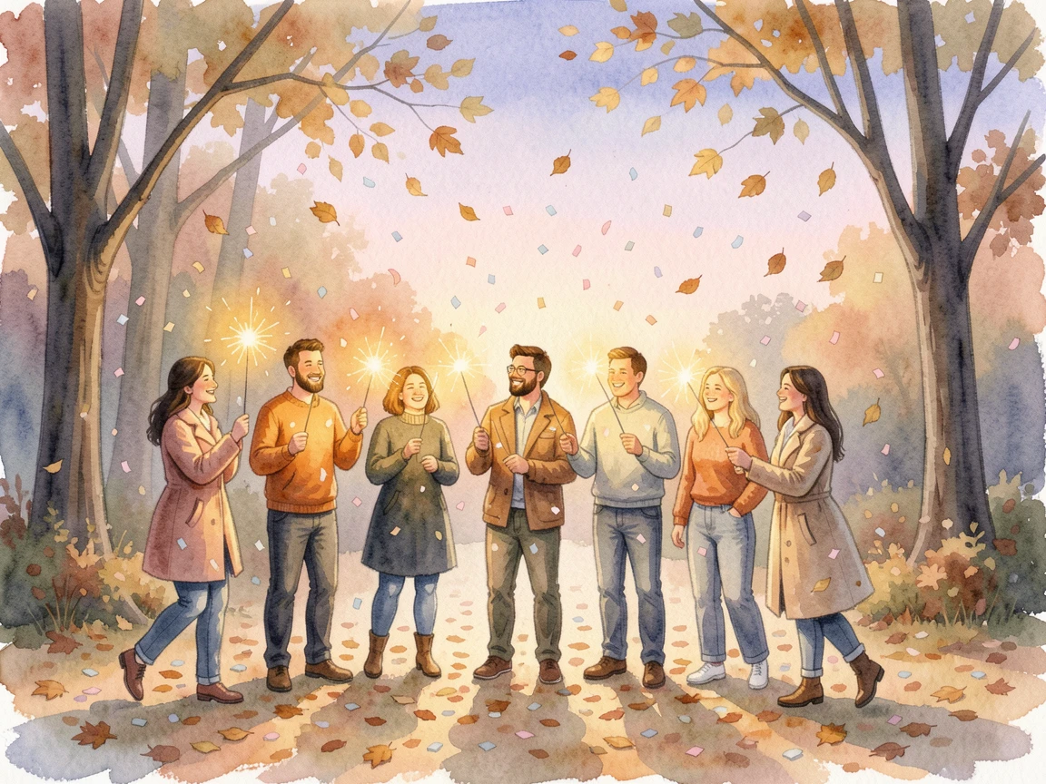 A New Year's Eve gathering with sparklers and confetti as golden autumn leaves drift in the breeze.