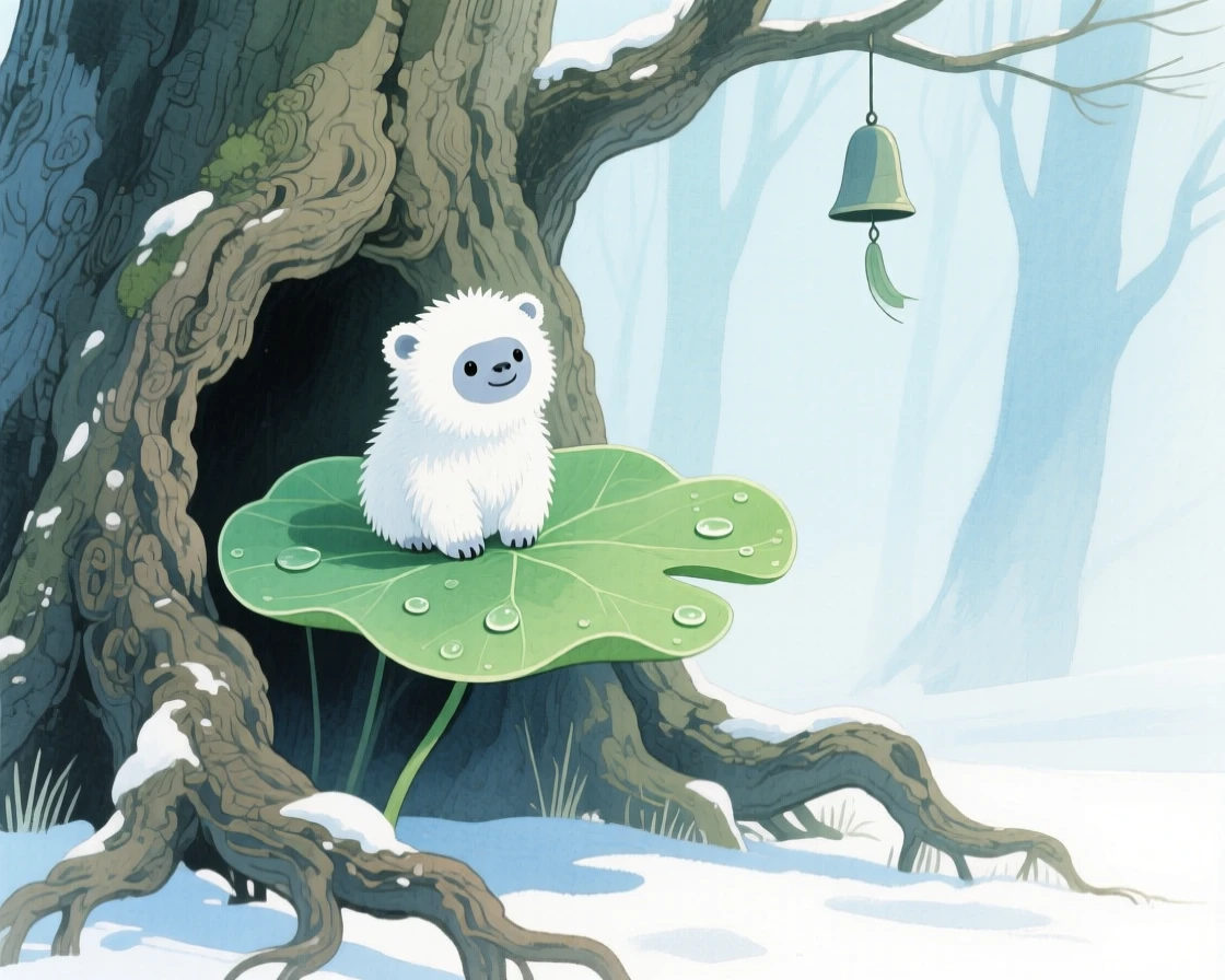 A tiny snow yeti cub rides atop a drifting lily pad in an ancient hollow oak, as distant chimes ring softly in the wind