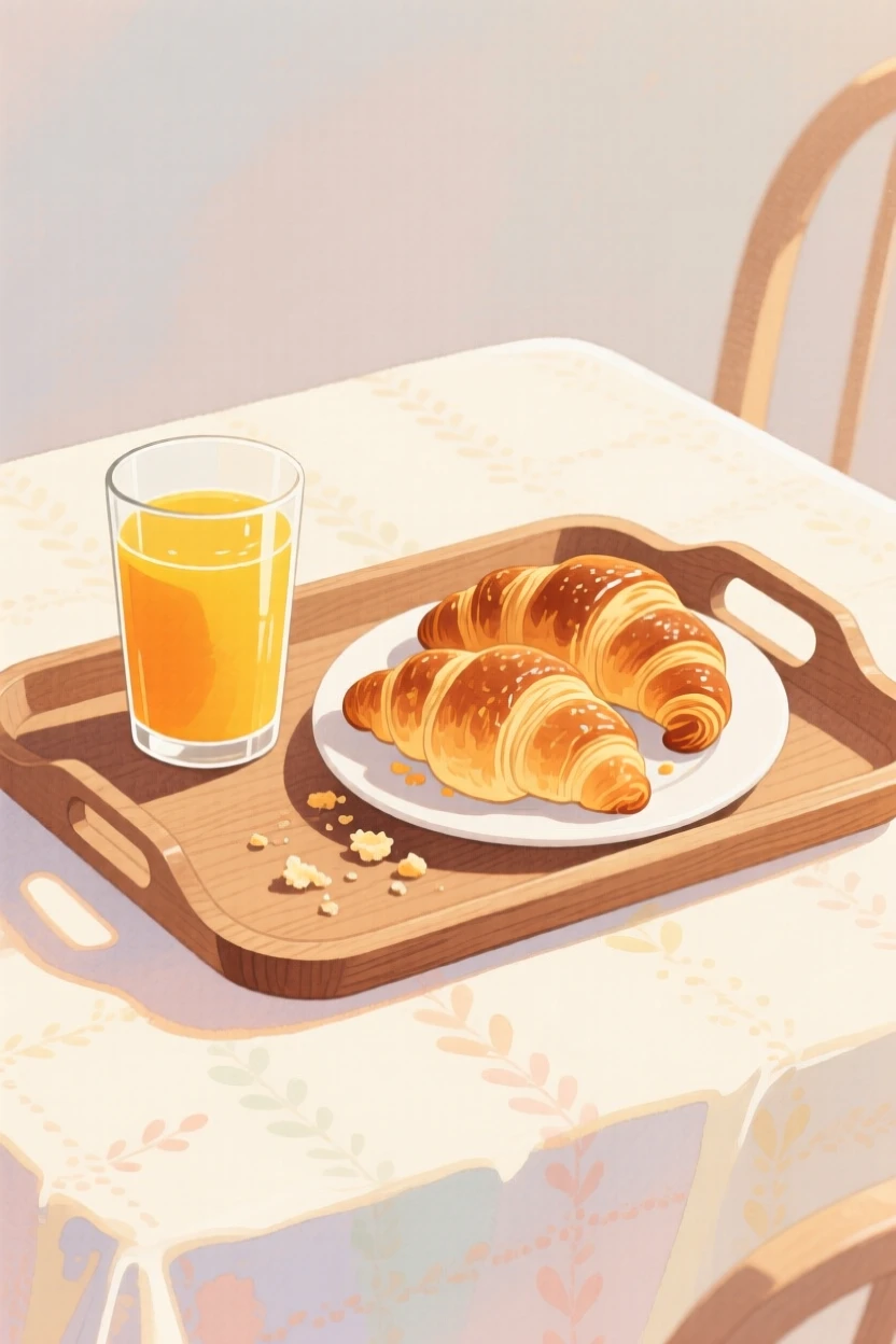 A cozy scene featuring a breakfast tray with orange juice and warm croissants.