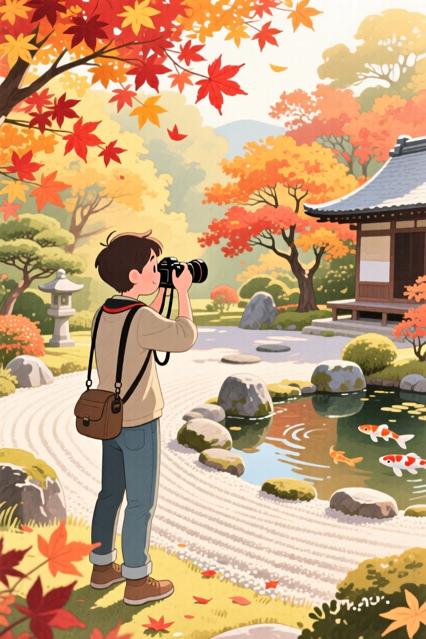 A photographer captures the golden light amid a serene Zen garden in Kyoto during autumn foliage, capturing the wonder of discovering a new place.