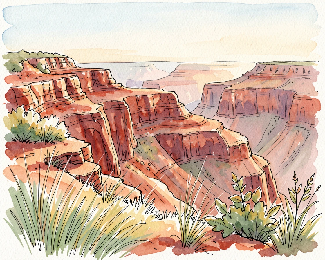 A canyon rim overlooking layers of red and orange sandstone, a gentle breeze rippling through the grass and leaves.