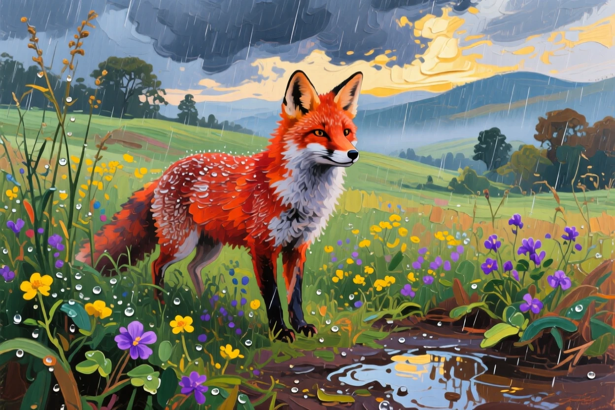 a red fox in a meadow, during the first rain of the season, with layered visual detail from foreground to horizon.