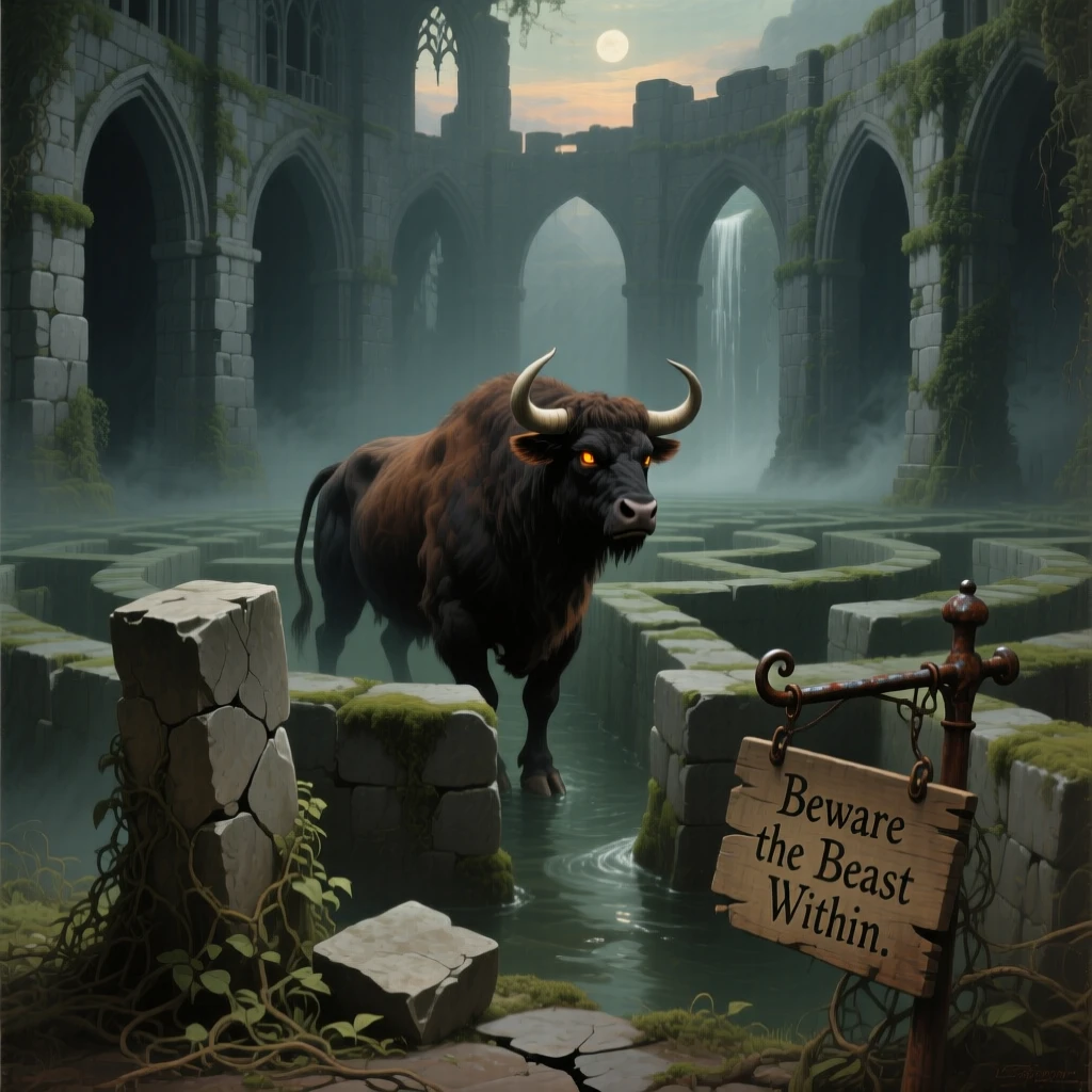 A minotaur stalks the shadowed halls of a vast stone labyrinth.