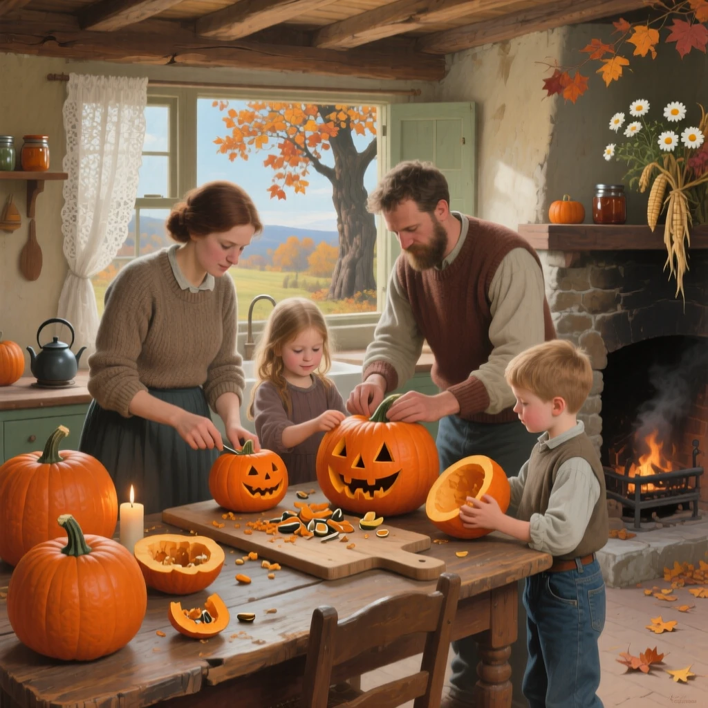 A young family carving pumpkins together at the kitchen table, as the changing season is reflected in the surrounding setting, radiating comfort, love, and togetherness