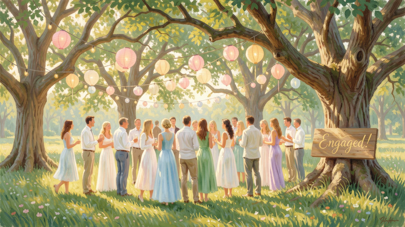 A joyful outdoor engagement party strung with paper lanterns beneath a canopy of old oak trees.