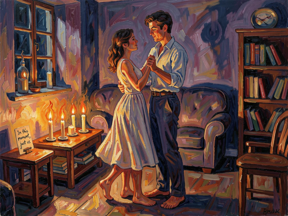 A young couple slow dancing barefoot in their living room during a power outage, candles glowing.