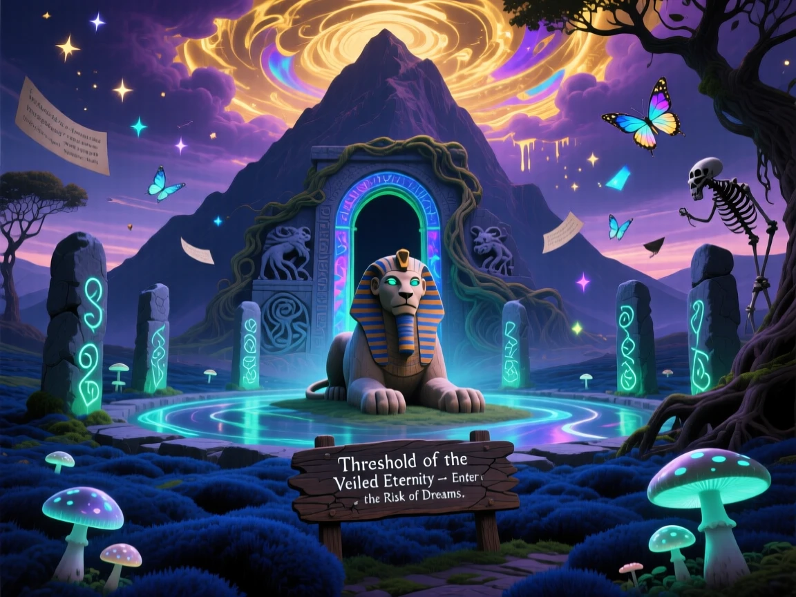 A sphinx guarding a doorway carved into the base of a mountain stands motionless at the center of an ancient stone circle, while the surrounding air shimmers faintly with old magic.