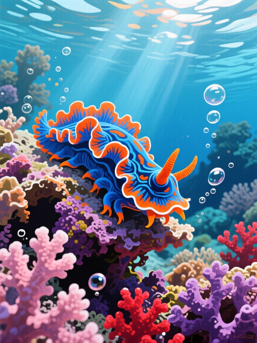 A vibrant nudibranch crawls slowly across a coral outcrop, its frilled body displaying an impossible combination of electric blue and orange coloring, its posture alert yet relaxed, fully at ease within its natural surroundings.