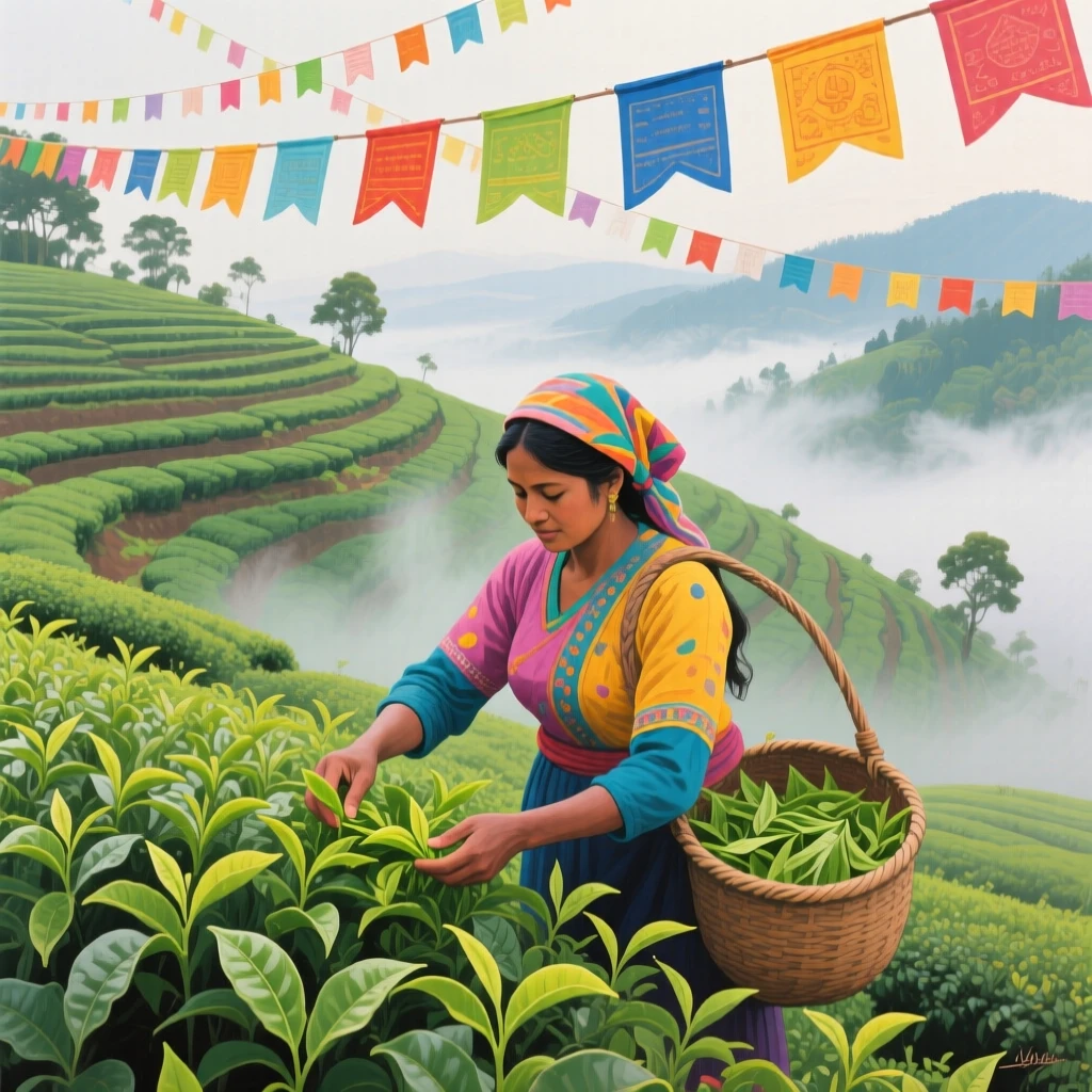 A tea picker gathering fresh leaves on a misty terraced hillside plantation under strings of colorful bunting overhead