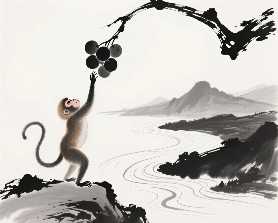 A monkey reaches for fruit hanging from a high branch, high above a winding mountain river.