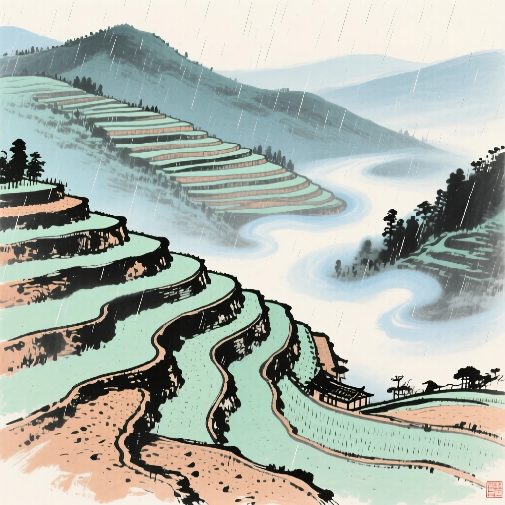 Terraced rice fields stepping down a green hillside, where mist curls upward from the valley floor, in the soft light of late afternoon, through a curtain of fine rain.