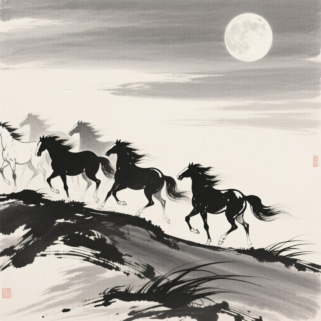 A herd of wild horses wandering along a windswept ridge in a moonlit clearing, seen from a respectful distance within its natural surroundings, conveying quiet strength and natural grace.