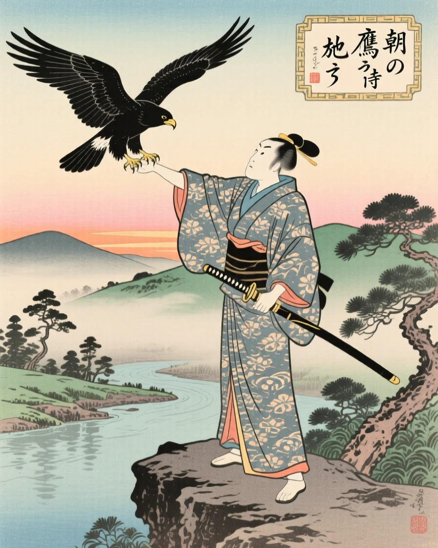 A swordsman releasing a hawk into the morning sky.